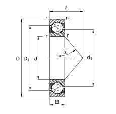 角接觸球軸承 7207-B-TVP, 根據 DIN 628-1 標準的主要尺寸，接觸角 α = 40°