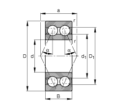 角接觸球軸承 3808-B-TVH, 雙列，接觸角 α = 25°